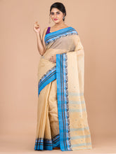Beige & Blue pure cotton woven design taant saree