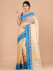 Beige & Blue pure cotton woven design taant saree