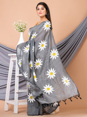 Laa Calcutta Grey & White Pure cotton Sunflower design Handloom Saree