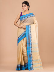 Beige & Blue pure cotton woven design taant saree
