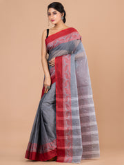 Grey & Maroon pure cotton woven design taant saree