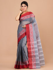 Grey & Maroon pure cotton woven design taant saree