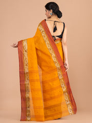 Mustard Yellow & Brown pure cotton woven design taant saree