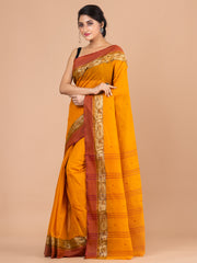 Mustard Yellow & Brown pure cotton woven design taant saree