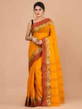 Mustard Yellow & Brown pure cotton woven design taant saree
