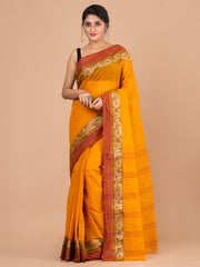 Mustard Yellow & Brown pure cotton woven design taant saree