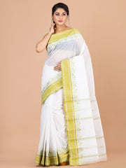 White & Green pure cotton woven design taant saree