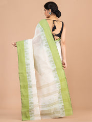 Off White & Green pure cotton woven design taant saree