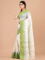 Off White & Green pure cotton woven design taant saree