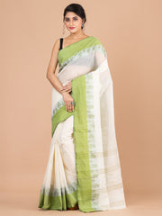 Off White & Green pure cotton woven design taant saree