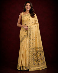 Laa Calcutta Beige & Black thread work art silk Embroidered katha stitch saree