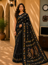 Laa Calcutta Black & Multi hand-stitch embroidary silk blend kantha stitch saree