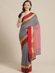 Laa Calcutta Grey & Red cotton Handloom saree