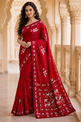 Laa Calcutta Red & White hand-stitch embroidary silk blend kantha stitch saree