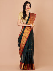 Deep Green & Maroon pure cotton taant saree