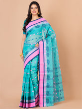 Sea Green & Multi pure cotton Floral Design taant saree