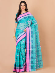 Sea Green & Multi pure cotton Floral Design taant saree