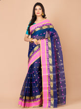 Navy Blue & Pink pure cotton Floral Design taant saree