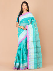 Sea Green & Multi pure cotton taant saree
