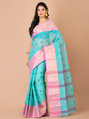 Sea green & Pink pure cotton taant saree