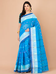 Blue & White pure cotton taant saree