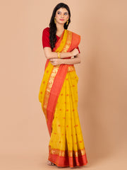 Yellow & Red pure cotton taant saree