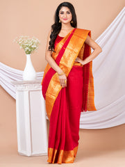 Red & Orange Floral woven design pure cotton taant saree
