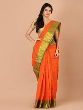 Orange & Green pure cotton taant saree