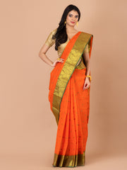 Orange & Green pure cotton taant saree