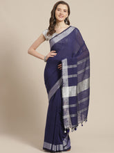Laa Calcutta Blue & Silver Pure cotton Handloom Saree