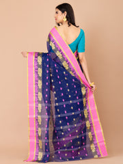 Navy Blue & Pink pure cotton Floral Design taant saree