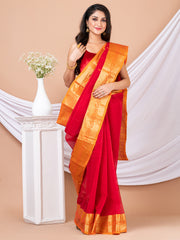 Red & Orange Floral woven design pure cotton taant saree