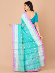 Sea Green & Multi pure cotton taant saree