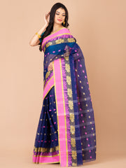 Navy Blue & Pink pure cotton Floral Design taant saree