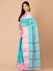 Sea green & Pink pure cotton taant saree