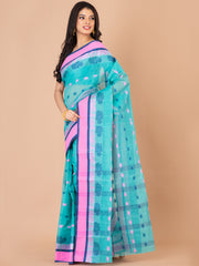 Sea Green & Multi pure cotton Floral Design taant saree