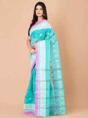 Sea Green & Multi pure cotton taant saree