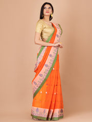 Orange & Multi pure cotton taant saree