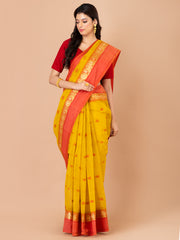Yellow & Red pure cotton taant saree