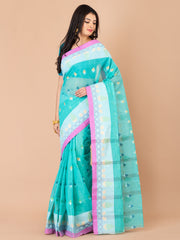 Sea Green & Multi pure cotton taant saree