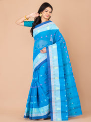 Blue & White pure cotton taant saree