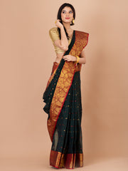 Deep Green & Maroon pure cotton taant saree