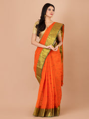 Orange & Green pure cotton taant saree