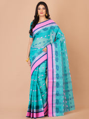 Sea Green & Multi pure cotton Floral Design taant saree