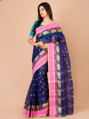 Navy Blue & Pink pure cotton Floral Design taant saree