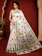 Laa Calcutta White & Multi hand-stitch embroidary silk blend kantha stitch saree