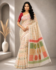 Laa Calcutta White & Multi cotton blend jamdani saree