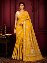 Laa Calcutta Yellow & White hand-stitch embroidary silk blend kantha stitch saree