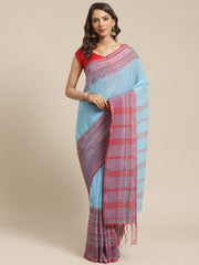 Sky Blue & Red handloom saree