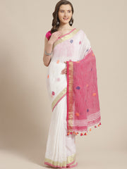 White & Pink  handloom saree